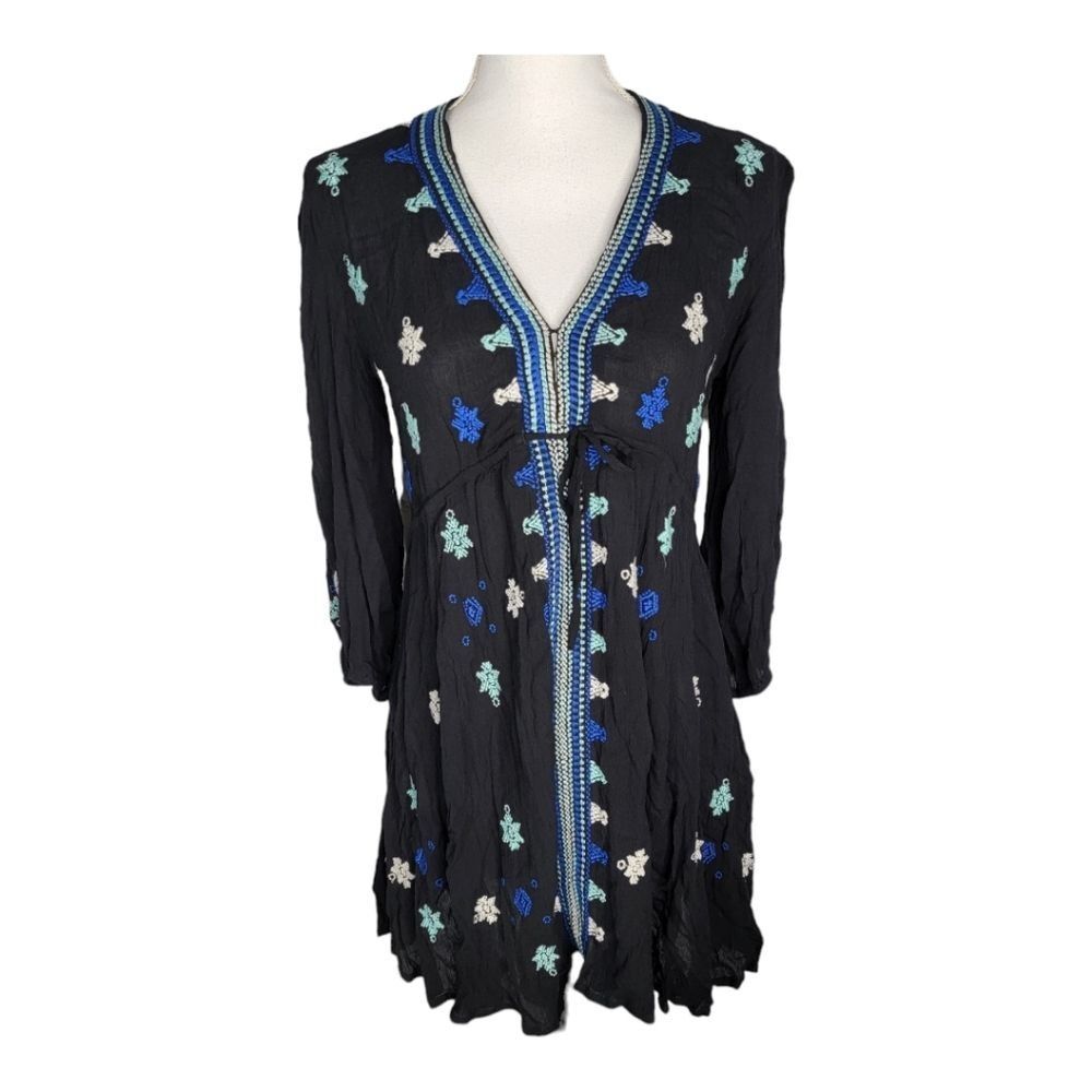 Free People XS Star Gazer Embroidered Boho Mini Dress Black Blue White Festival